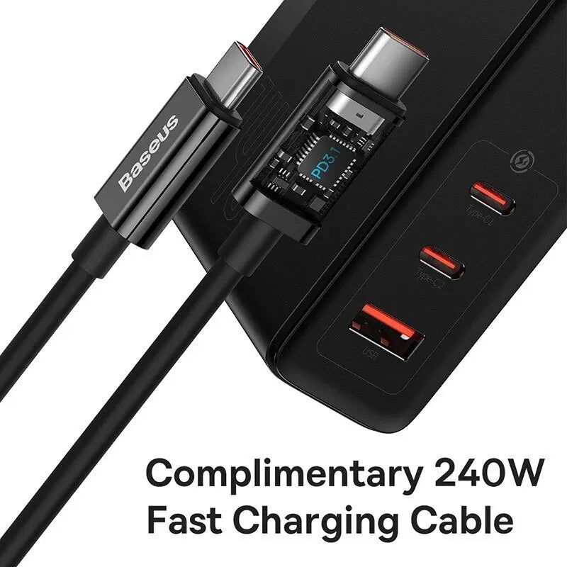 Fast charging USB-C cable with a power adapter featuring multiple ports.