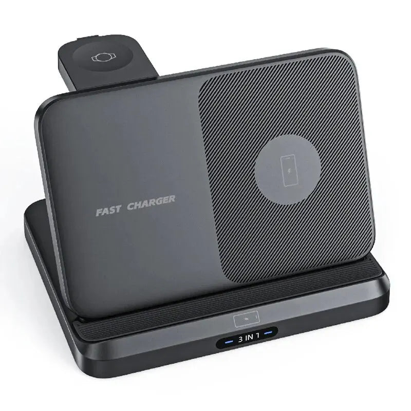 Fast charging wireless charging pad with multiple device support and a 3-in-1 design.