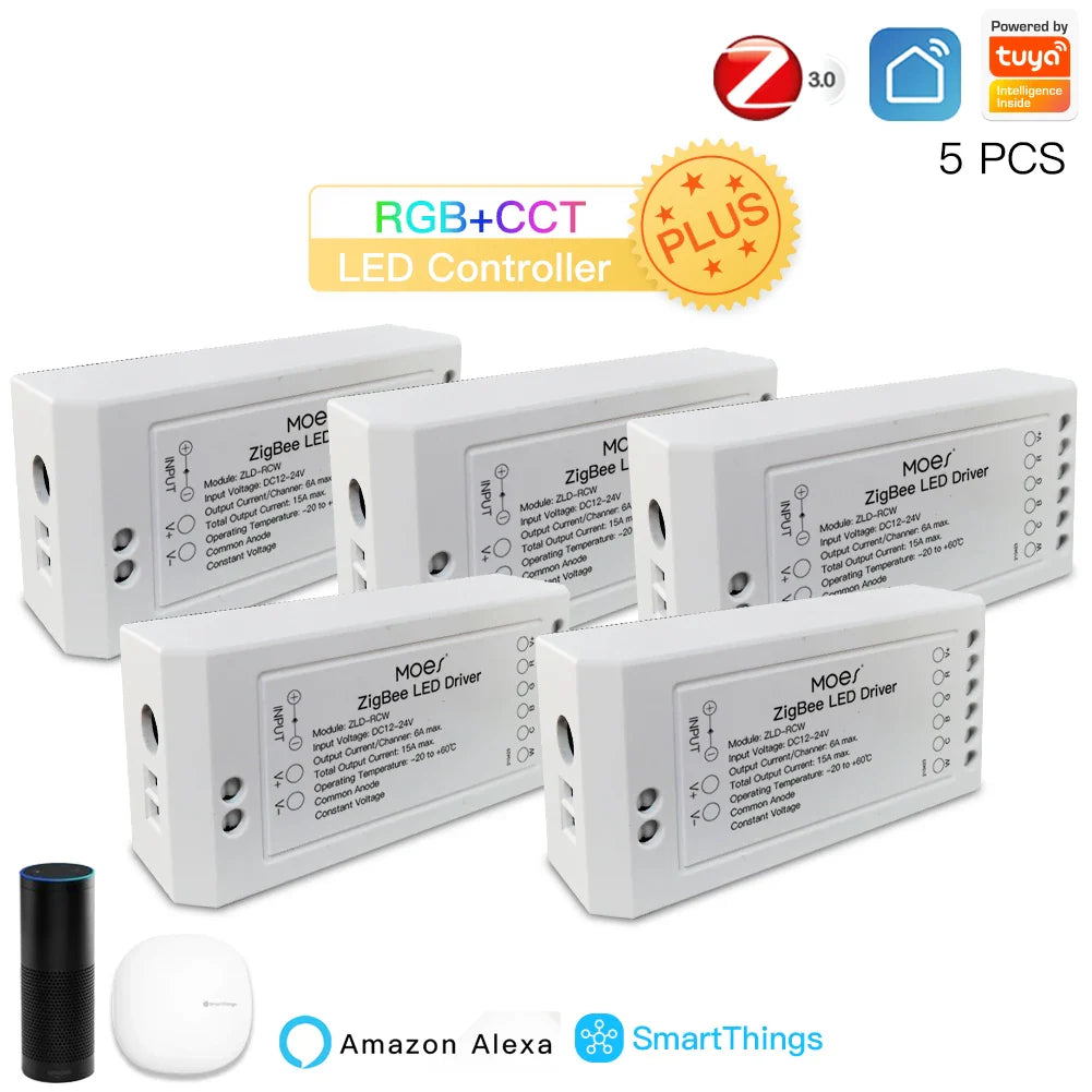 Five white Zigbee LED drivers.