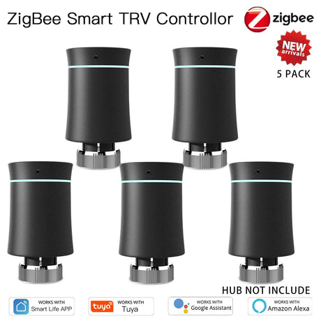 Five ZigBee smart TRV controllers.