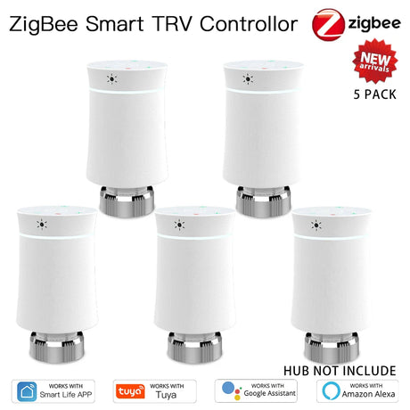 Five ZigBee smart TRV controllers.
