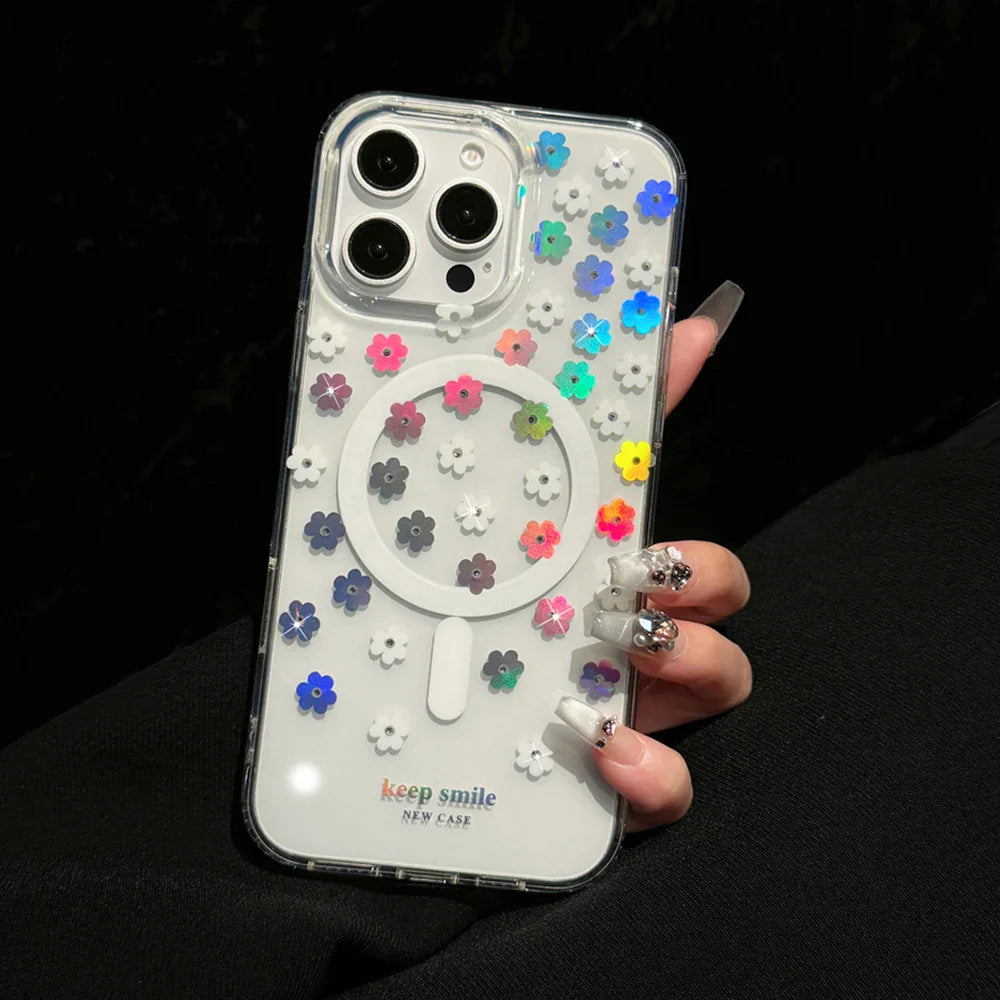Floral-decorated clear phone case.