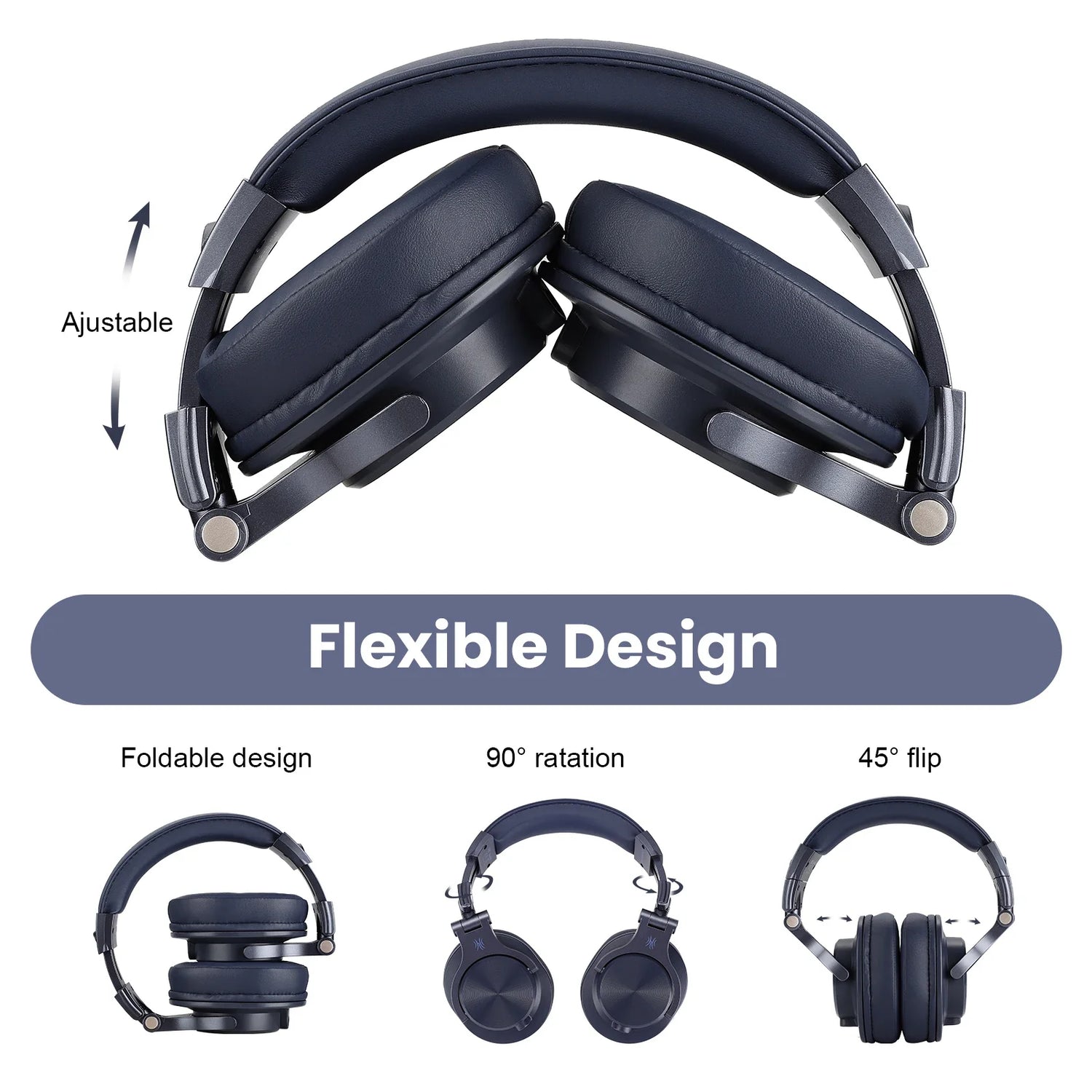 Foldable, adjustable, dark blue headphones.