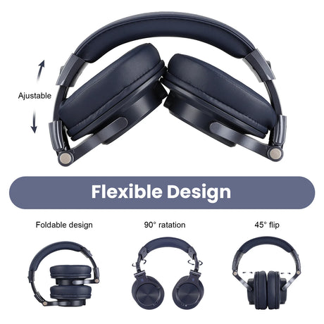 Foldable, adjustable, dark blue headphones.