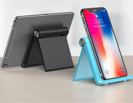 Foldable stands for tablets and smartphones in black and blue colors.