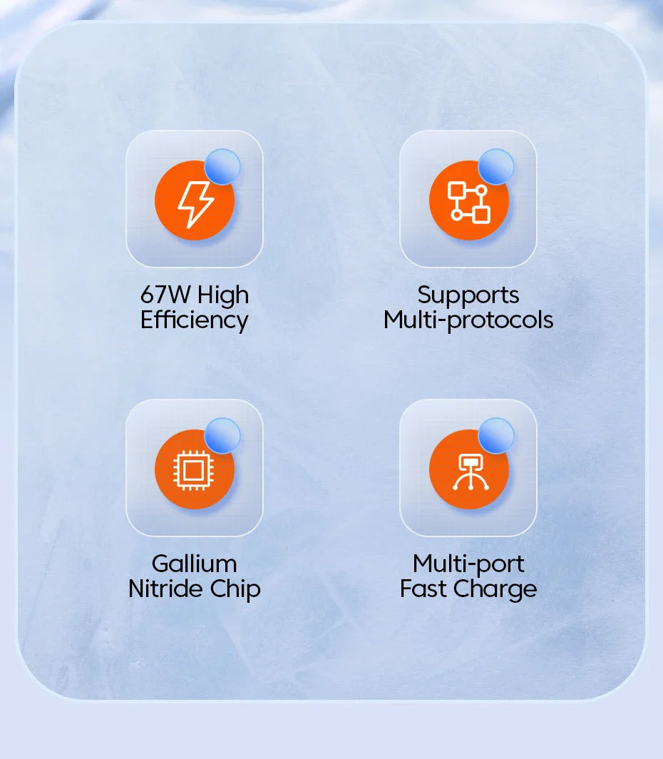 Four app-style icons with orange and blue elements displaying features of a charging technology.