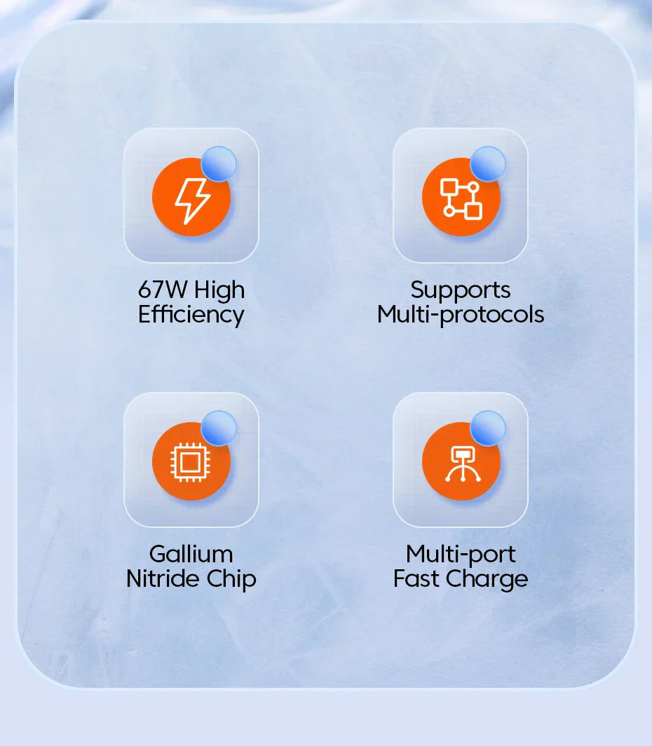 Four app-style icons with orange and blue elements displaying features of a charging technology.