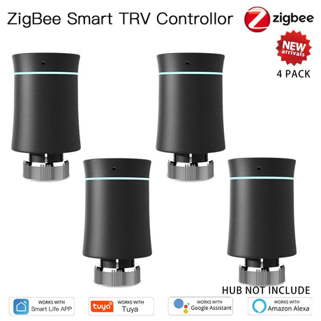 Four black ZigBee smart TRV controllers.