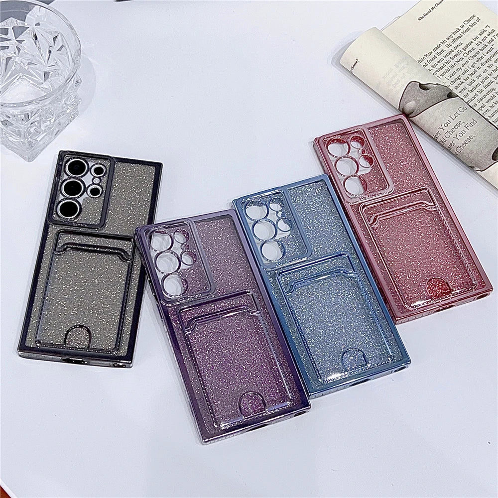 Four glittery phone cases with card slots in various colors.