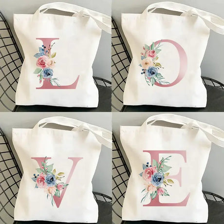 four different images of a tote bag with the letter g painted on it