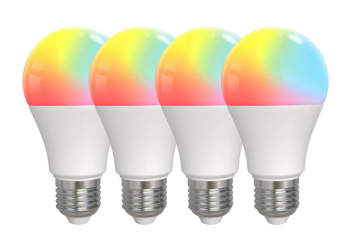 Four color-changing LED light bulbs.