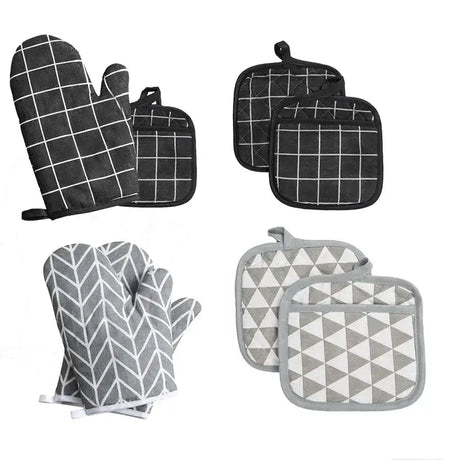 the four oven mits are shown in black and white