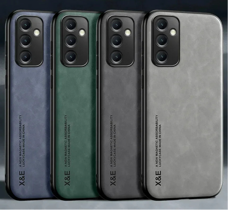 Four smartphone cases in different colors with prominent camera cutouts.
