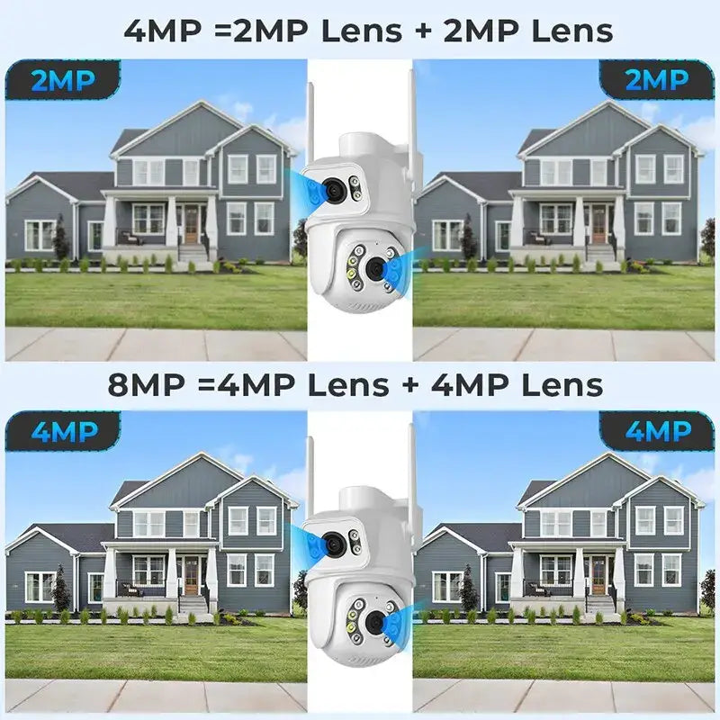 Four different views of a home with a camera and a camera lens