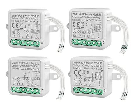Four white electronic switches with green buttons and wires