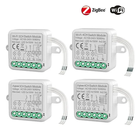 four white electronic switches with green buttons and wires