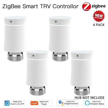 Four white ZigBee smart TRV controllers.