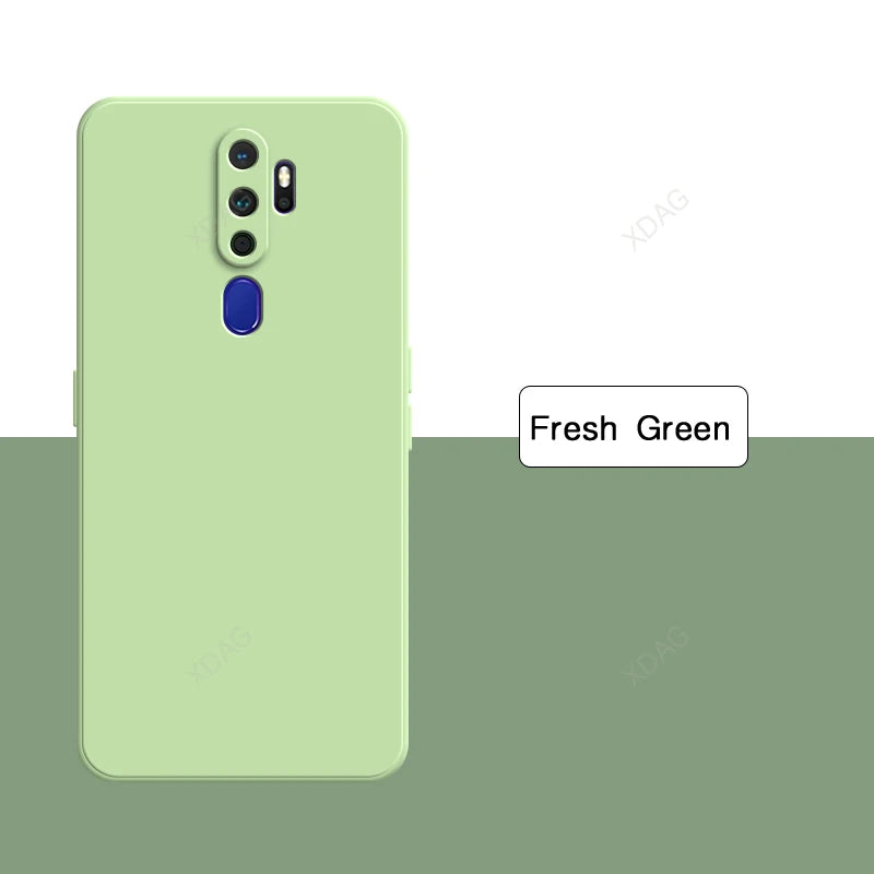 Fresh green straight edge silicone phone case with blue fingerprint sensor and triple-camera cutout for oppo a5 a9 a11