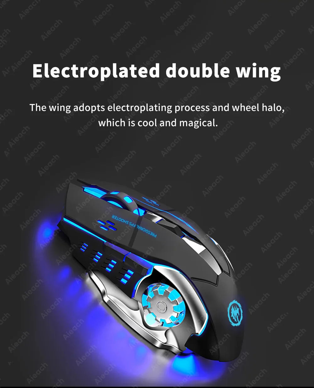 Futuristic gaming mouse with glowing blue accents and a double-wing design.