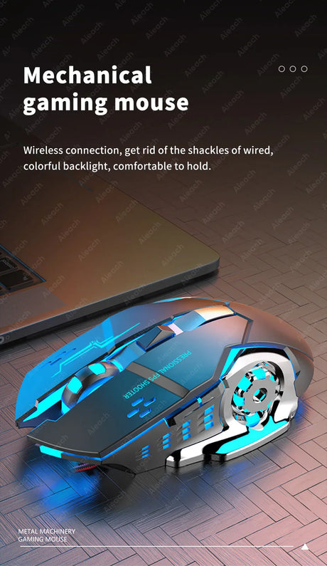 Futuristic gaming mouse with colorful blue LED lighting and a sleek, ergonomic design.
