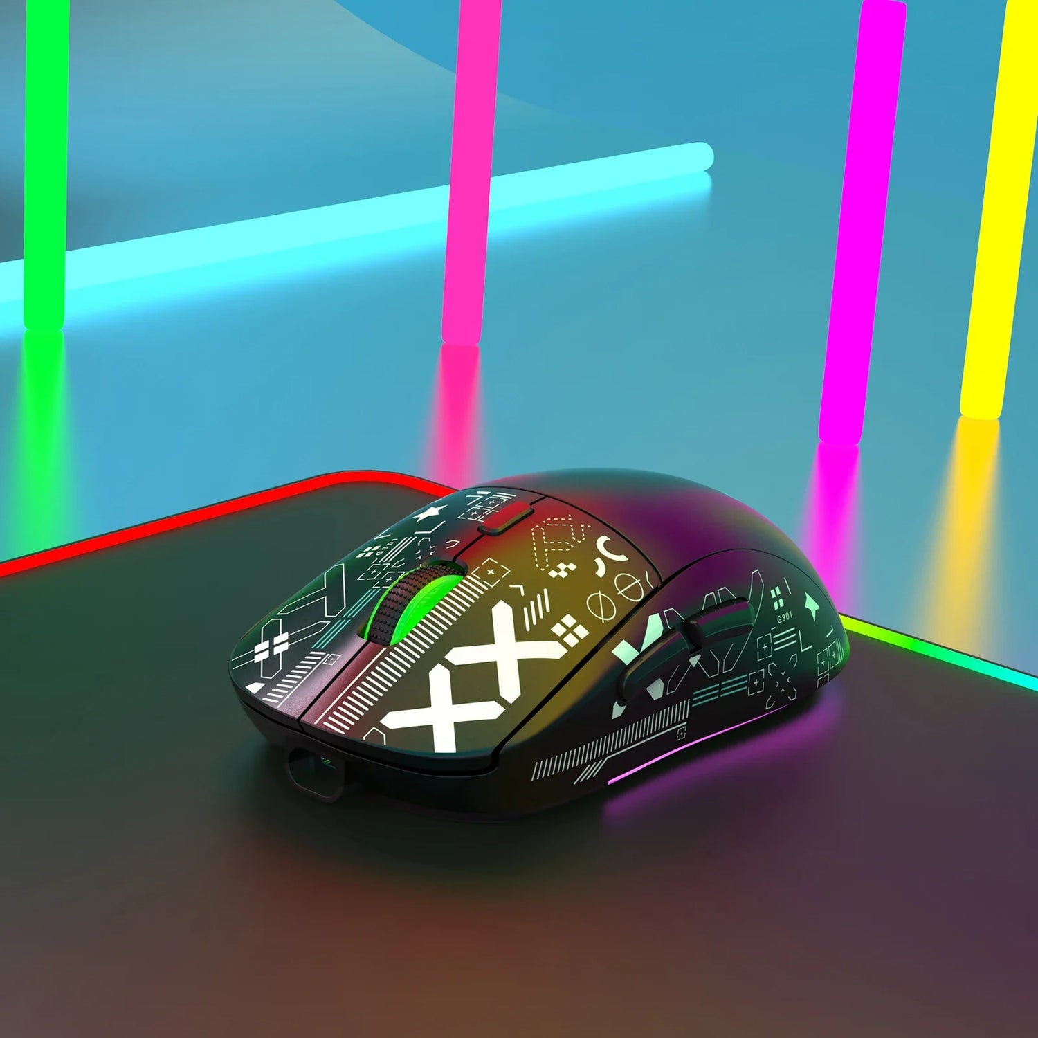 Futuristic gaming mouse with colorful LED lighting and geometric patterns on its surface.