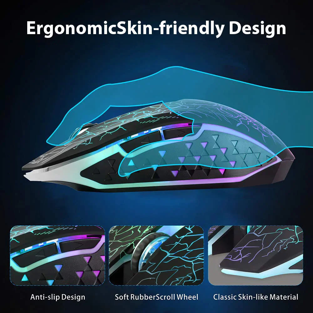 Futuristic gaming mouse with ergonomic design and RGB lighting features.