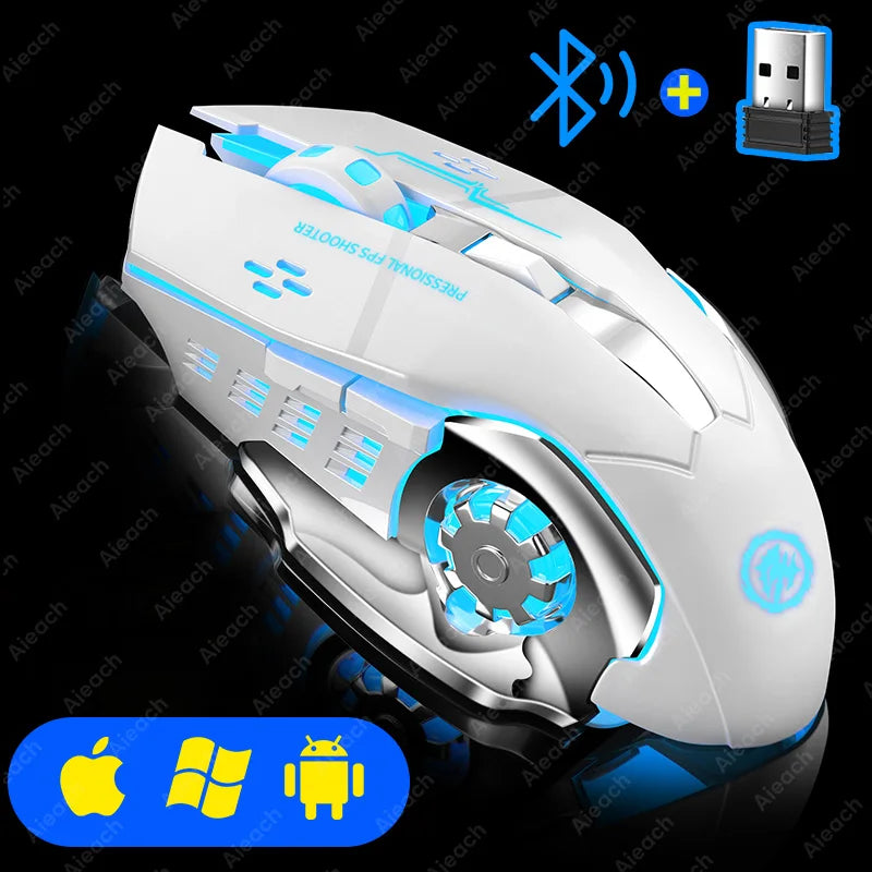 Futuristic white and blue wireless gaming mouse with LED lighting.