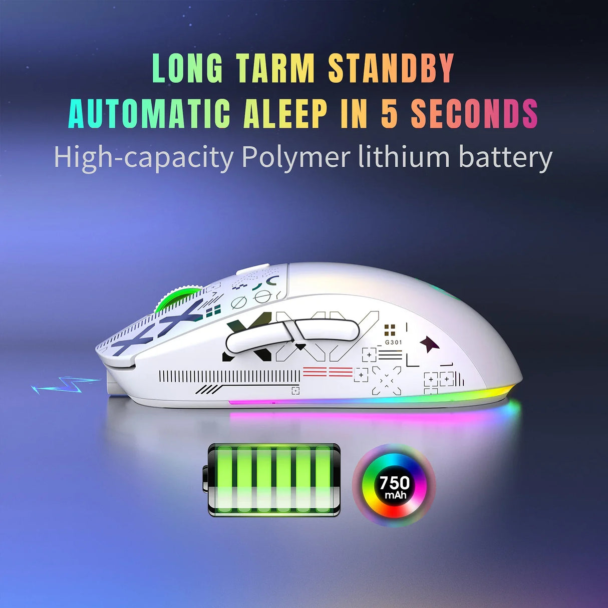Futuristic white computer mouse with RGB lighting and battery indicator graphics.