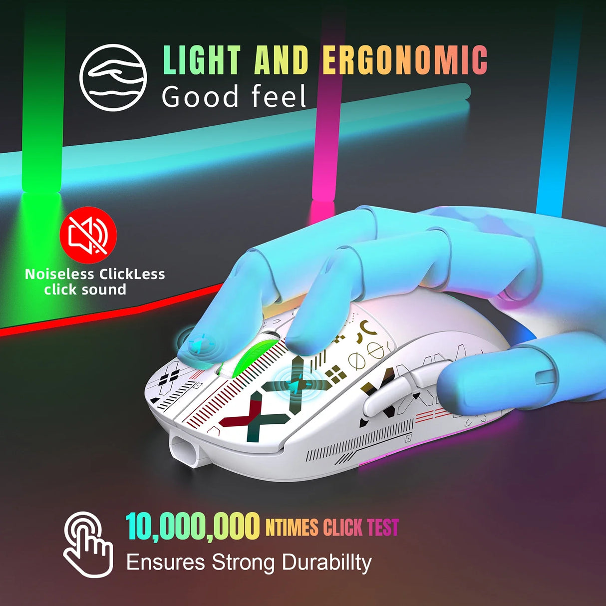 Futuristic white gaming mouse with colorful LED lighting and ergonomic design.