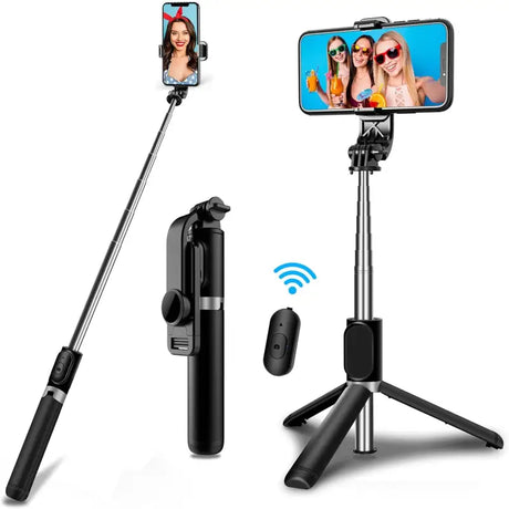 a close up of a cell phone on a tripod with a remote