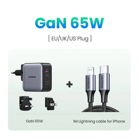 GaN 65W charger with multiple plug adapters and a Lightning cable for iPhone.
