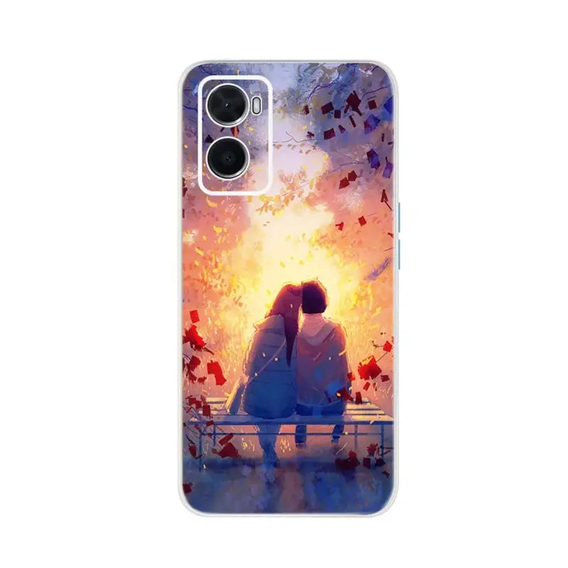 a girl sitting on a bench looking at the sunset phone case