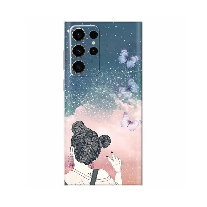 a girl with a butterfly in her hair is looking at the sky with butterflies
