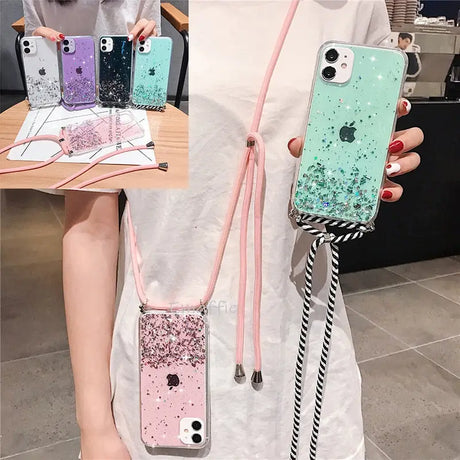 a woman holding a phone case with glitter and stripes