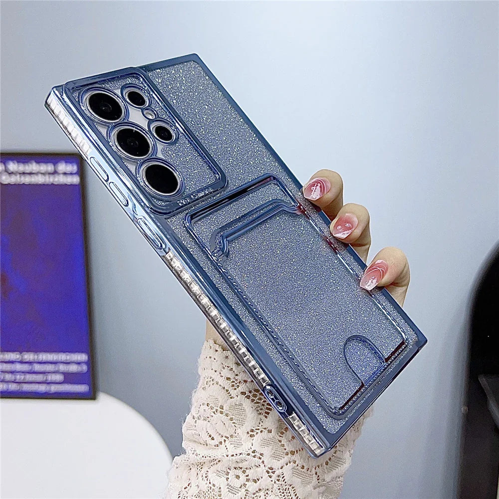 Glittery blue phone case with a built-in card holder and camera lens protection.