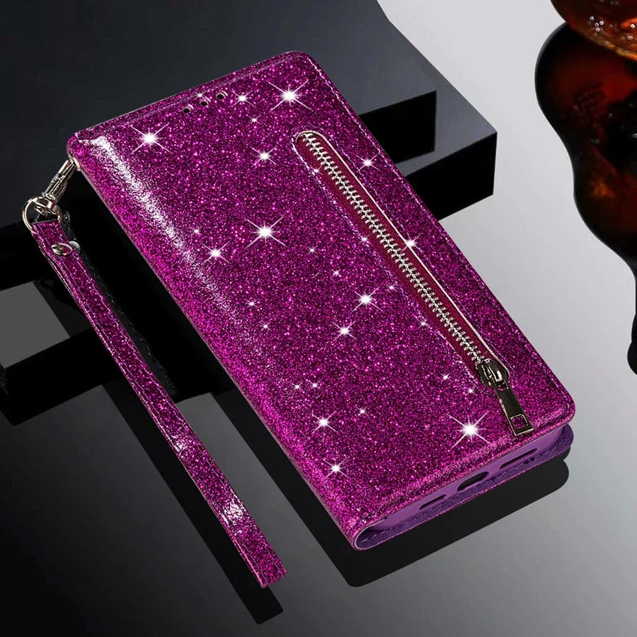 Glittery purple smartphone wallet case with a zipper and wrist strap.