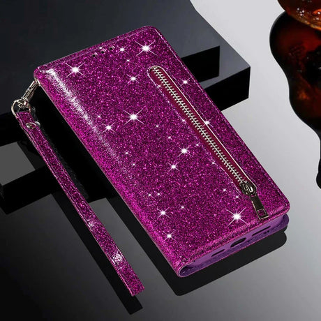 Glittery purple smartphone wallet case with a zipper and wrist strap.