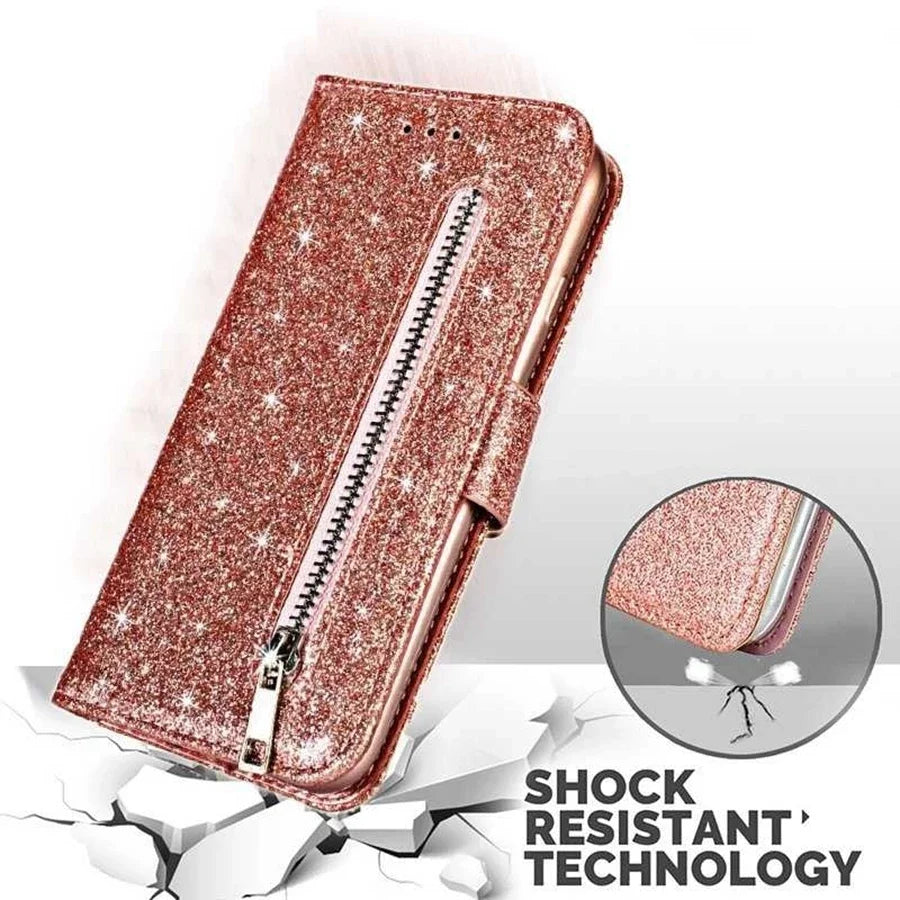 Glittery rose gold phone case with a zipper detail and shock-resistant technology.