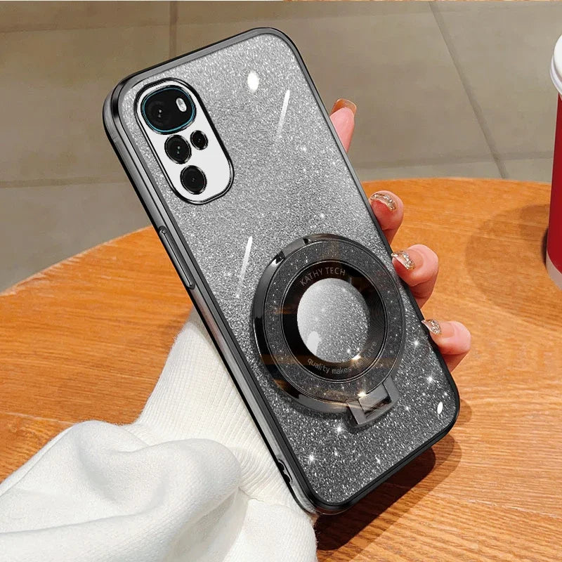 Glittery silver smartphone case with a circular ring attachment and multiple camera lenses.