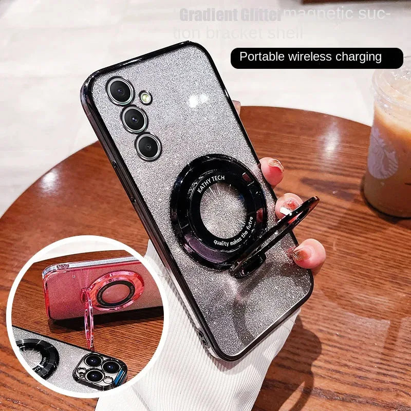 Glittery silver smartphone case with a circular camera-lens-like attachment on the back.