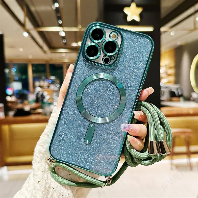 Glittery teal phone case with green strap.