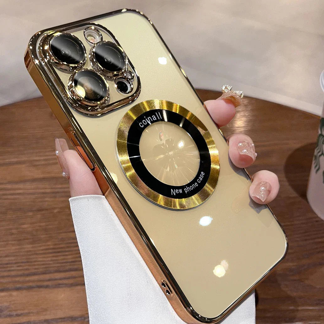 Gold-edged, beige phone case with a circular gold and black ring holder.