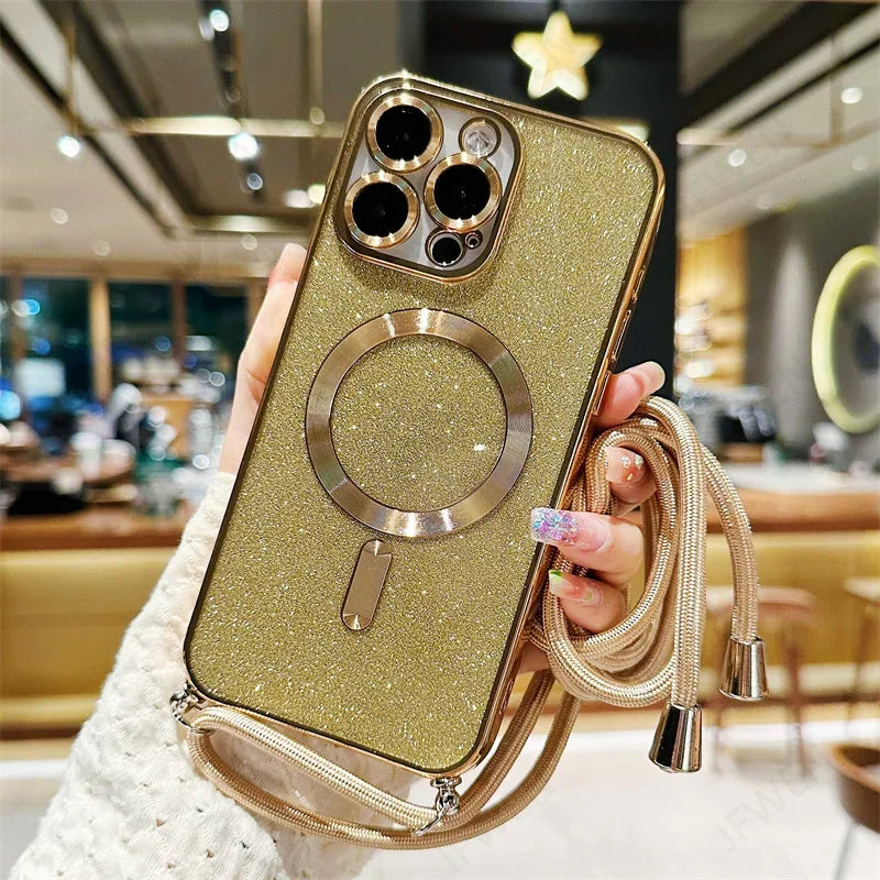 Gold glittery phone case with a crossbody strap.