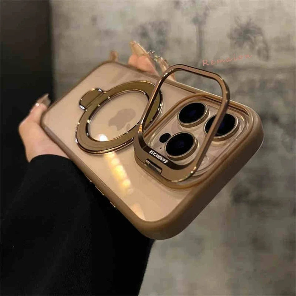Gold iPhone case with ring stand.