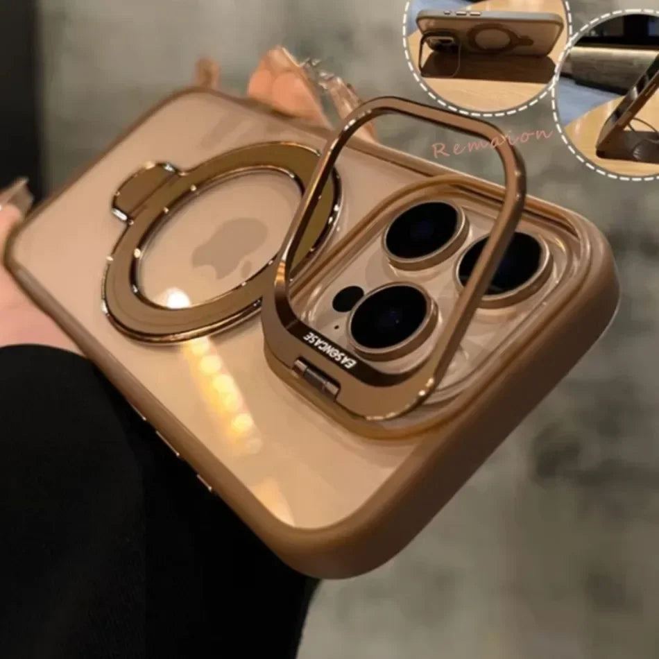 Gold-tone phone case with rotating ring stand.