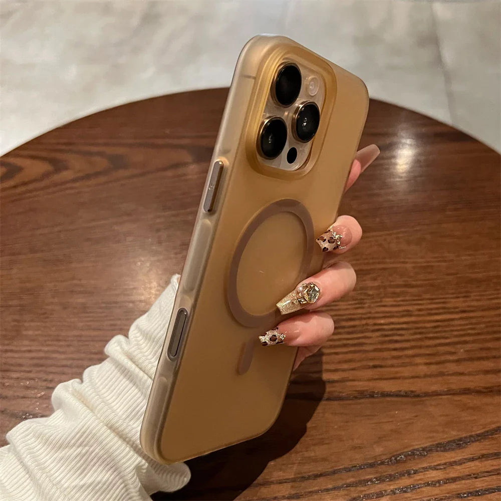 Gold-toned phone with MagSafe case.