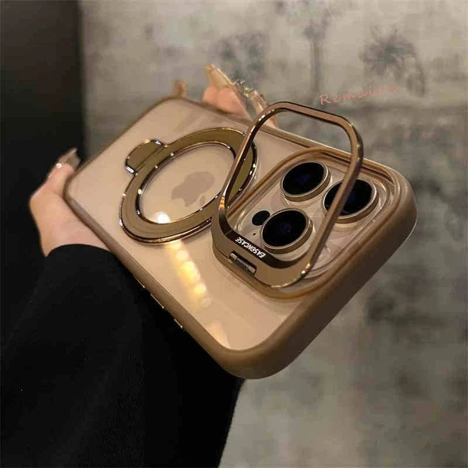 Gold-trimmed phone case with ring stand.