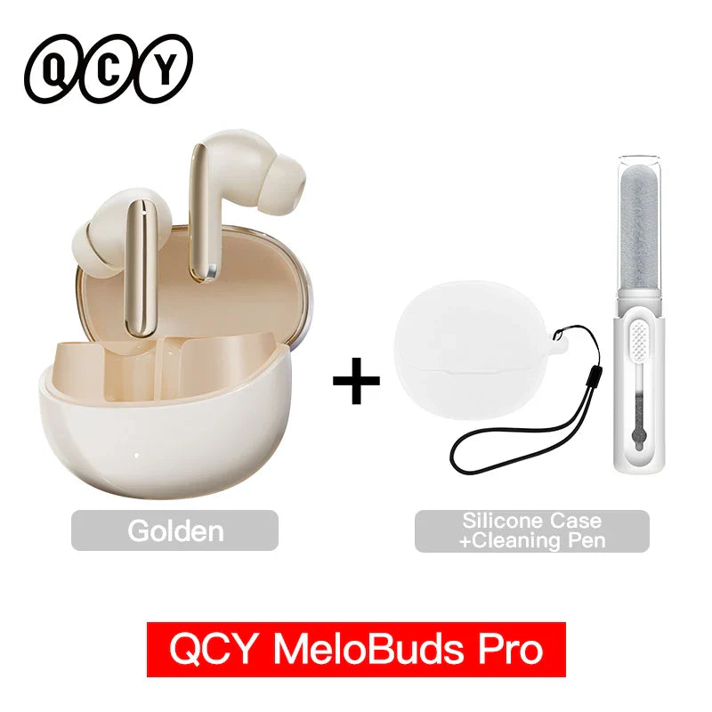 Golden wireless earbuds with charging case, silicone case, and cleaning pen.