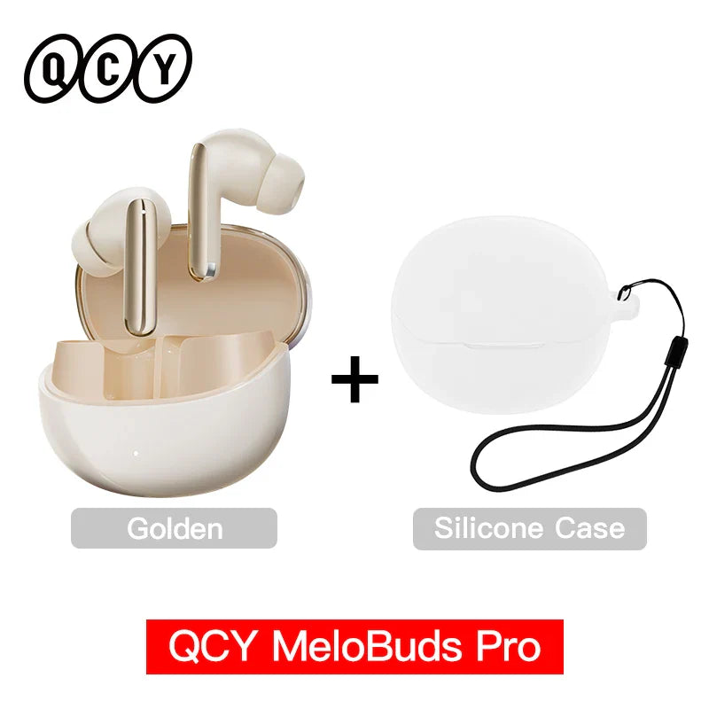 Golden wireless earbuds with charging case and silicone case.