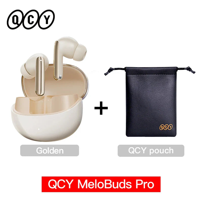 Golden wireless earbuds with charging case and pouch.